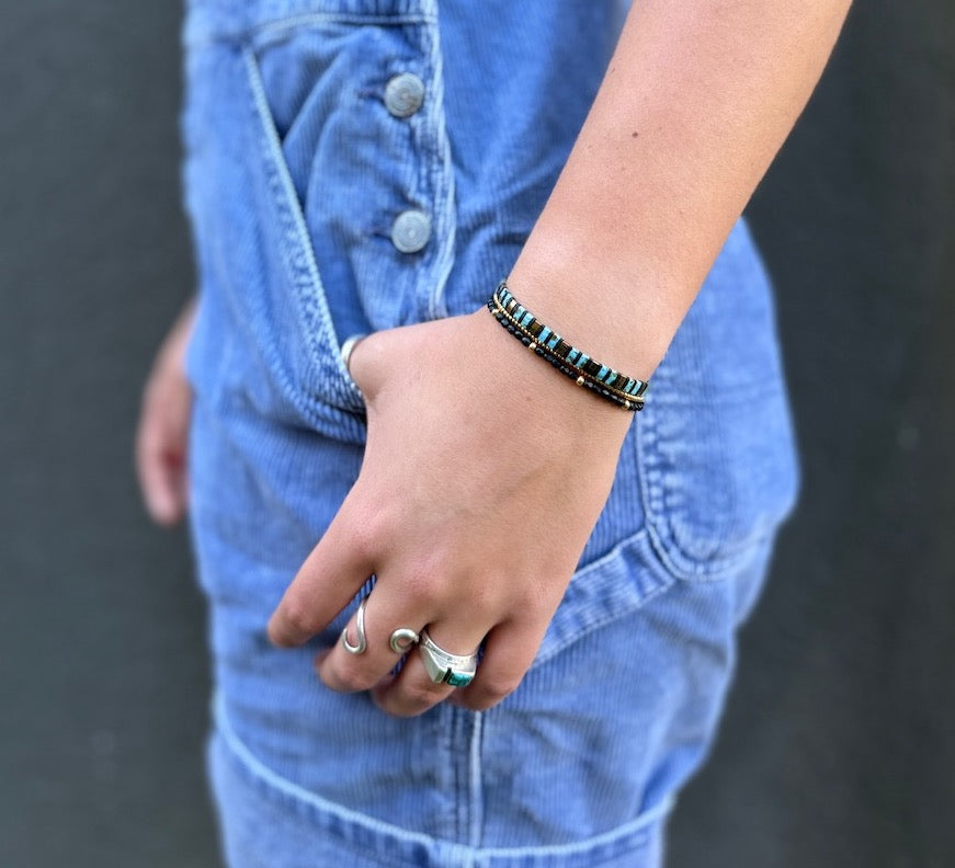 Speckled Turquoise Stripes with Black Stretchy Tila Bead Bracelet Set in Gold or Silver