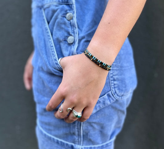 Speckled Turquoise Stripes with Black Stretchy Tila Bead Bracelet Set in Gold or Silver