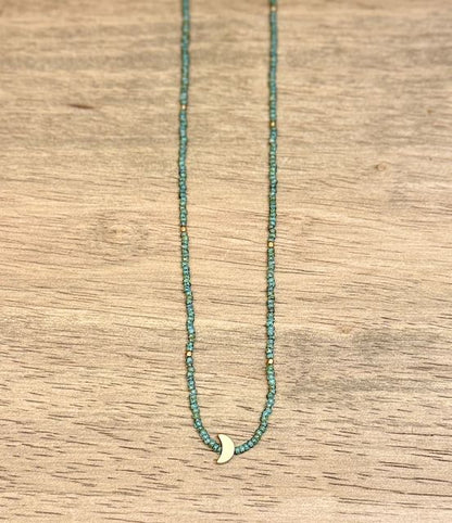 Speckled Green Stretch Seed Bead Boho Necklace with Gold Crescent Moon Charm – Handmade Minimalist Jewelry
