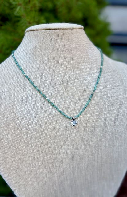 Speckled Green Stretchy Seed Bead Boho Necklace with Sterling Silver Daisy Stamped Charm