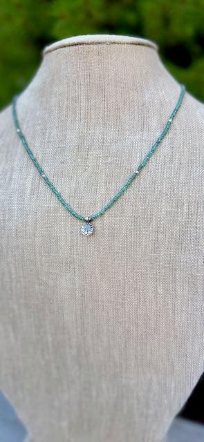 Speckled Green Stretchy Seed Bead Boho Necklace with Sterling Silver Daisy Stamped Charm