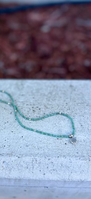 Speckled Green Stretchy Seed Bead Boho Necklace with Sterling Silver Daisy Stamped Charm