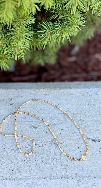 Boho Neutrals Cream & Beige Stretchy Seed Bead Necklace with Gold Crescent Moon Charm