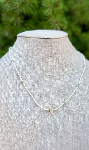 Creamy White Stretchy Boho Beaded Necklace with Gold Full Moon Charm