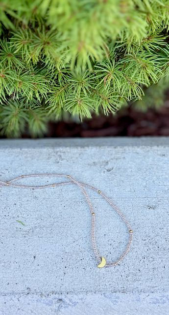 Champagne Boho Beaded Necklace with Gold Crescent Moon Charm