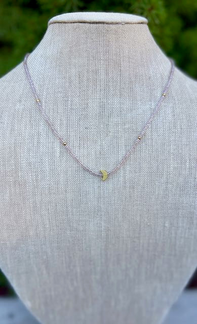 Champagne Boho Beaded Necklace with Gold Crescent Moon Charm