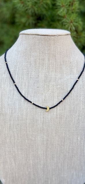 Black Stretchy Boho Seed Bead Necklace with Gold Crescent Moon Charm