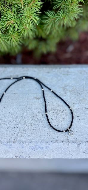 Black Stretchy Boho Seed Bead Necklace with Antique Silver Star Charm