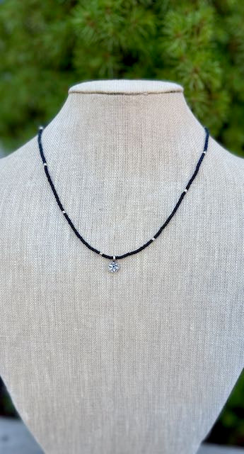 Black Stretchy Boho Seed Bead Necklace with Antique Silver Star Charm