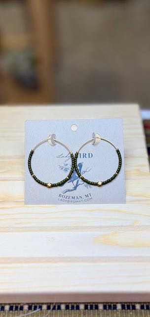 Olive Green & Gold Boho Seed Beaded Hoop Earrings