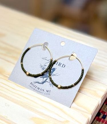 Olive Green & Gold Boho Seed Beaded Hoop Earrings