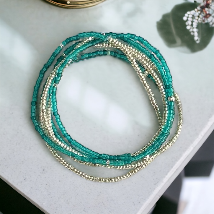 Frosted Teal & Silver Lined Combo Beaded 5-Wrap Bracelet