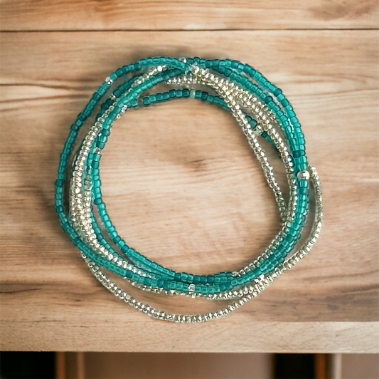 Frosted Teal & Silver Lined Combo Beaded 5-Wrap Bracelet