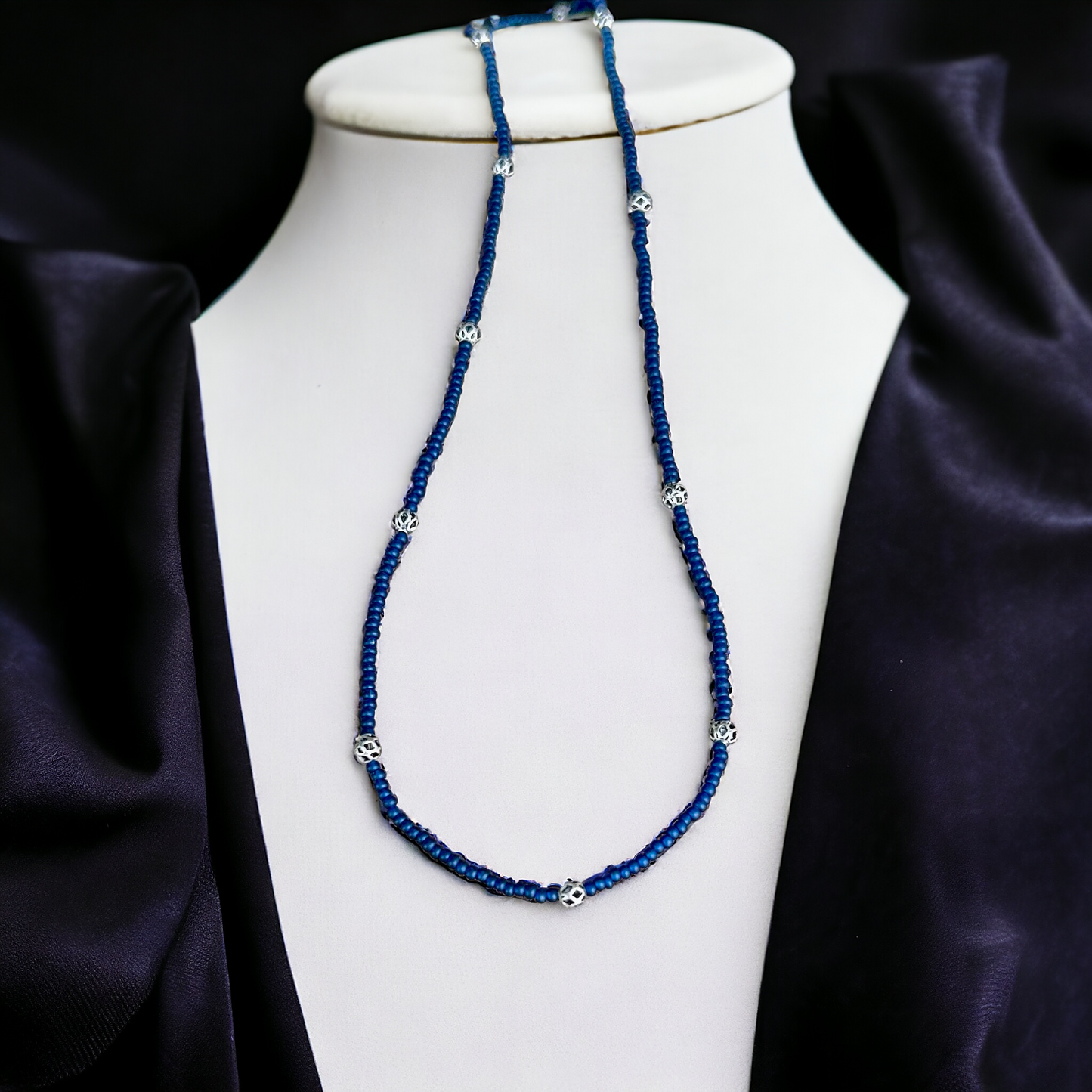 Navy Blue Seed Bead Stretchy Necklace with Latticed Silver Beads