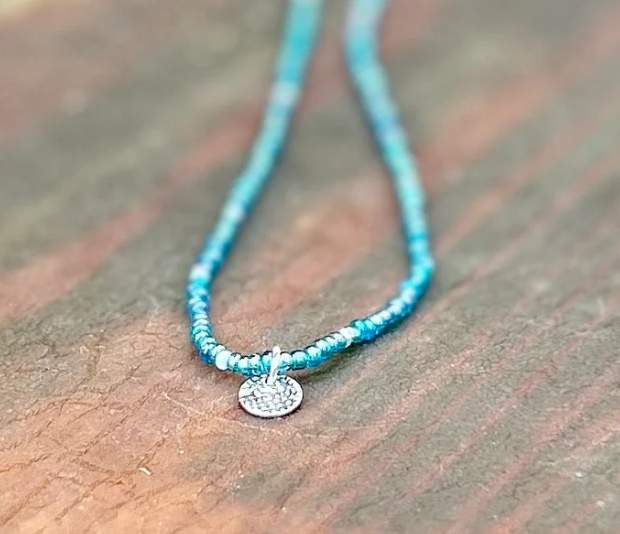 Shimmery Blue Boho Seed Bead Necklace with Circle Pendant