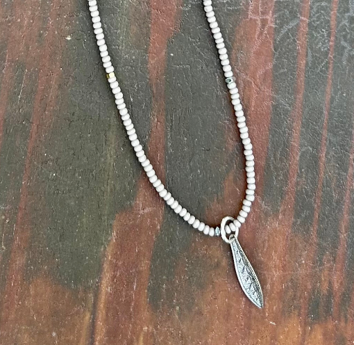 Light Grey Boho Seed Bead Necklace, Feather Pendant
