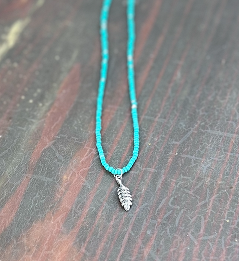 Turquoise Boho Seed Bead Necklace with Silver Leaf