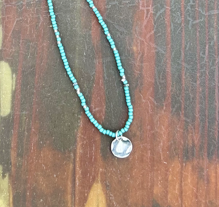 Turquoise Boho Seed Bead Necklace with Silver Circle