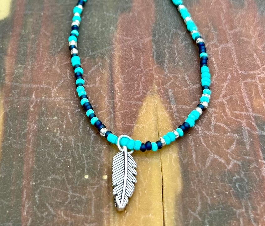 Mixed Turquoise Navy Boho Seed Bead Necklace with Silver Feather