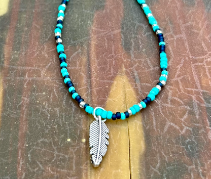 Mixed Turquoise Navy Boho Seed Bead Necklace with Silver Feather