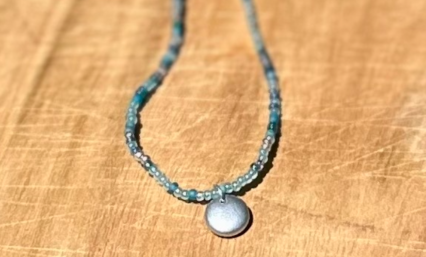 Translucent Blues Boho Seed Bead Necklace with Silver Circle