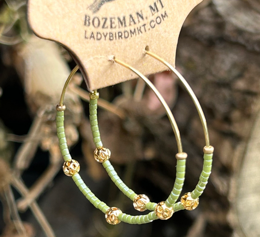 Pale Green & Ornamental Gold Beaded Hoop Earrings