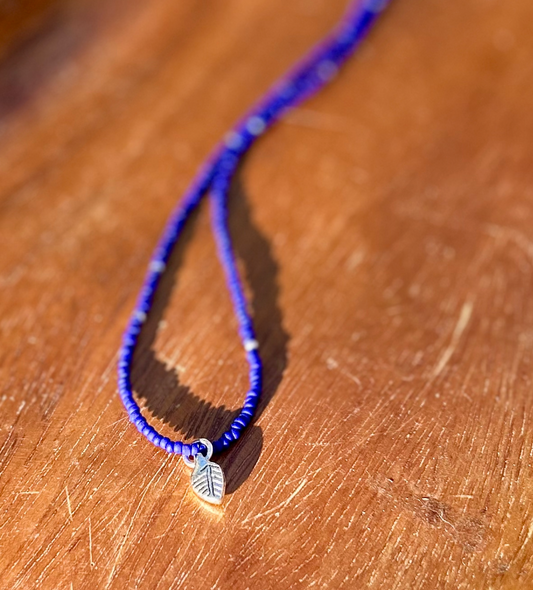 Royal Blue & Silver Boho Seed Bead Necklace with Silver Leaf Charm