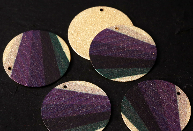 Purple, Black, Gold Striped Gold-Finished Larger Circle Dangle Earrings