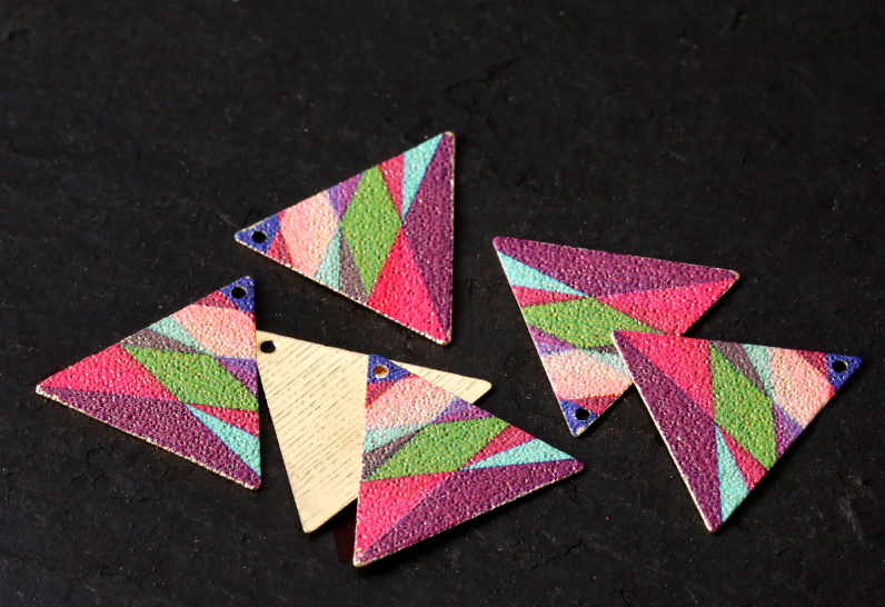 Multi-Colored Geometric Pink Patterned Gold-Finish Triangle Dangle Earrings