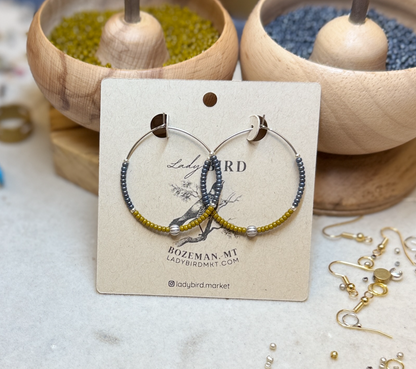 Burnt Yellow, Steel Grey & Silver or Gold Beaded Boho-Style Hoop Earrings