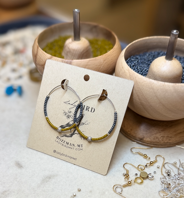 Burnt Yellow, Steel Grey & Silver or Gold Beaded Boho-Style Hoop Earrings