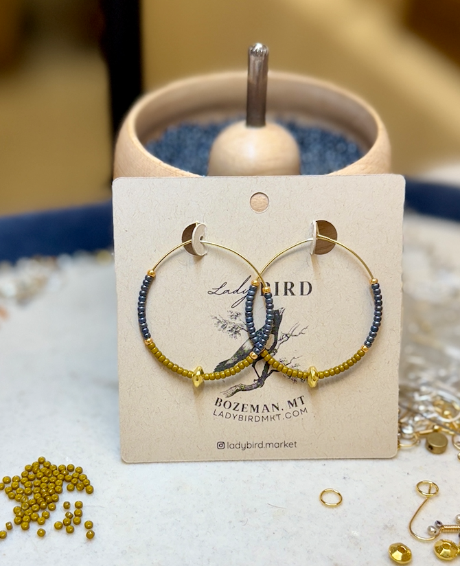 Burnt Yellow, Steel Grey & Silver or Gold Beaded Boho-Style Hoop Earrings