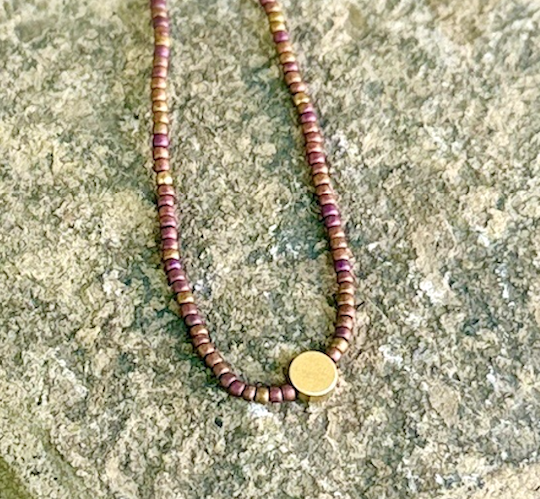 Copper Rainbow Seed Bead Necklace with Gold Full Moon Charm