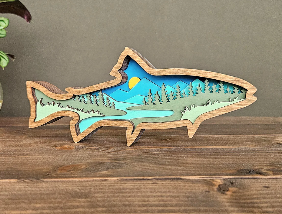 3D Layered Wood Trout Tabletop Decor with Mountains and Trees