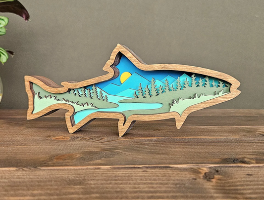 3D Layered Wood Trout Tabletop Decor with Mountains and Trees