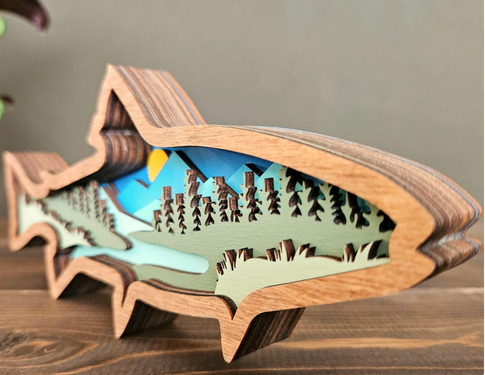 3D Layered Wood Trout Tabletop Decor with Mountains and Trees