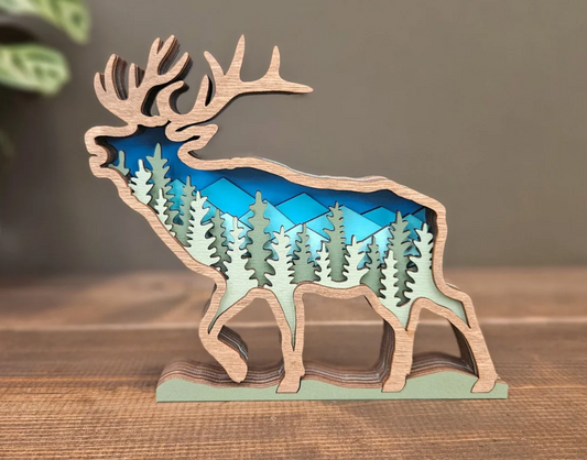 3D Layered Wood Elk Tabletop Decor with Mountains and Trees