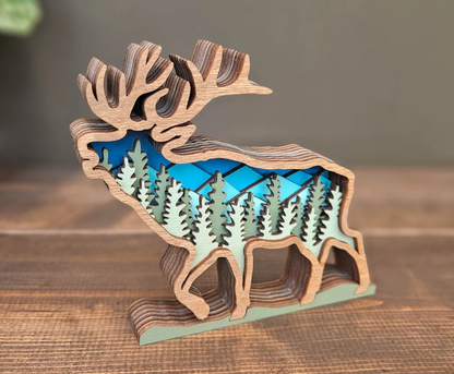 3D Layered Wood Elk Tabletop Decor with Mountains and Trees
