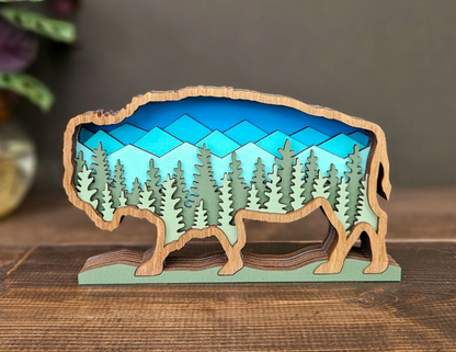 3D Layered Wood Bison Tabletop Decor with Mountains and Trees