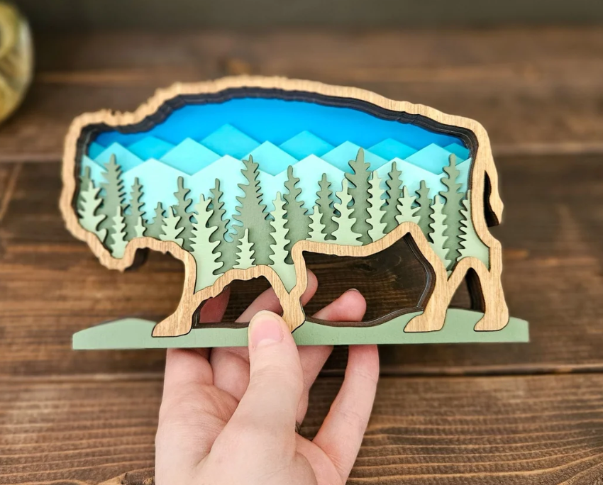 3D Layered Wood Bison Tabletop Decor with Mountains and Trees