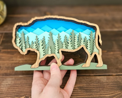 3D Layered Wood Bison Tabletop Decor with Mountains and Trees