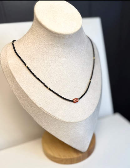Stretchy Black Seed Bead Necklace with Red Jasper Pendant