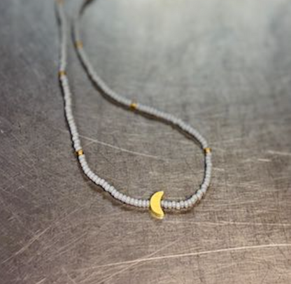 Light Gray Moon Boho Beaded Necklace with Gold Moon Charm