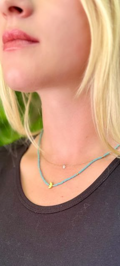 Navy Blue Stretch Seed Bead Boho Necklace with Gold Full Moon Charm – Handmade Minimalist Jewelry