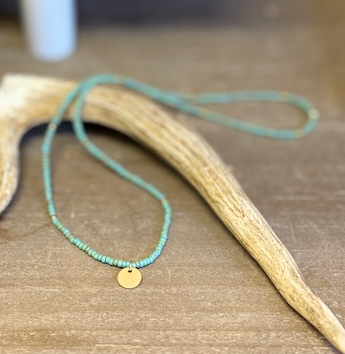 Speckled Sage Green Stretchy Seed Bead Necklace with Minimalist Gold-Plated Circle Charm
