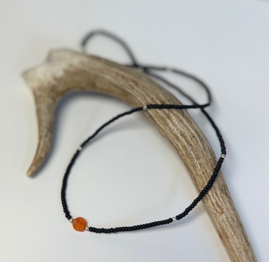 Stretchy Black Seed Bead Necklace with Small Carnelian Coin Gemstone Pendant