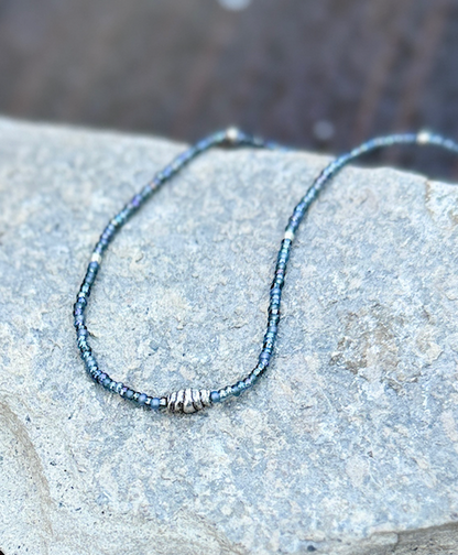 Midnight Shimmery Black Seed Bead Silver Barrel Charm Pendant Necklace