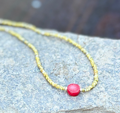 Speckled Beige Seed Bead Necklace with Red Coral Gemstone Pendant - Silver or Gold
