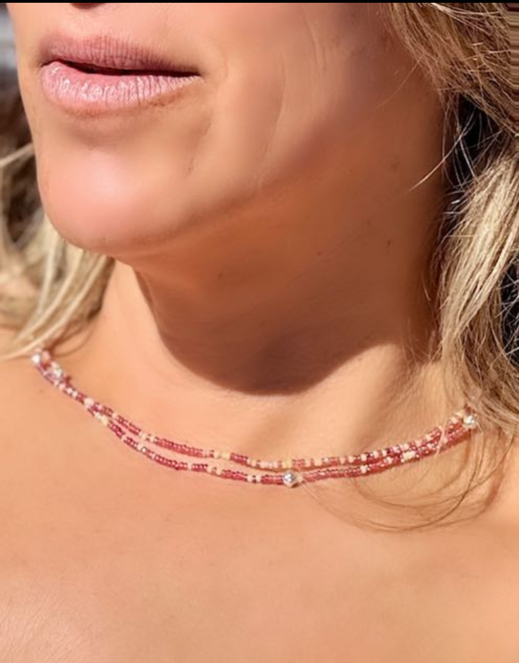 Rose Garden Cranberry & Pink Seed Bead 5-Wrap Bracelet or 2x Necklace – Gold or Silver
