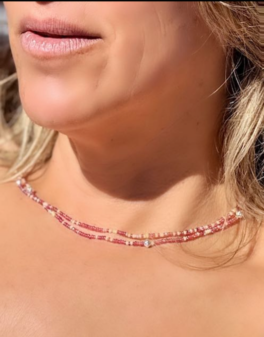 Rose Garden Cranberry & Pink Seed Bead 5-Wrap Bracelet or 2x Necklace – Gold or Silver